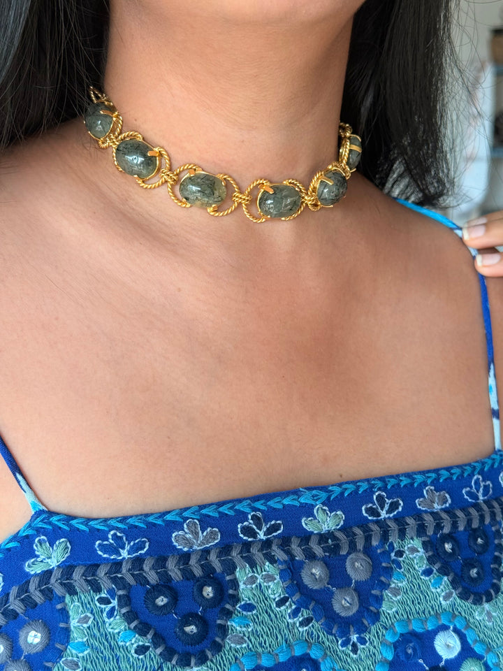 Prehnite Choker – Gold Brass, Adjustable Necklace