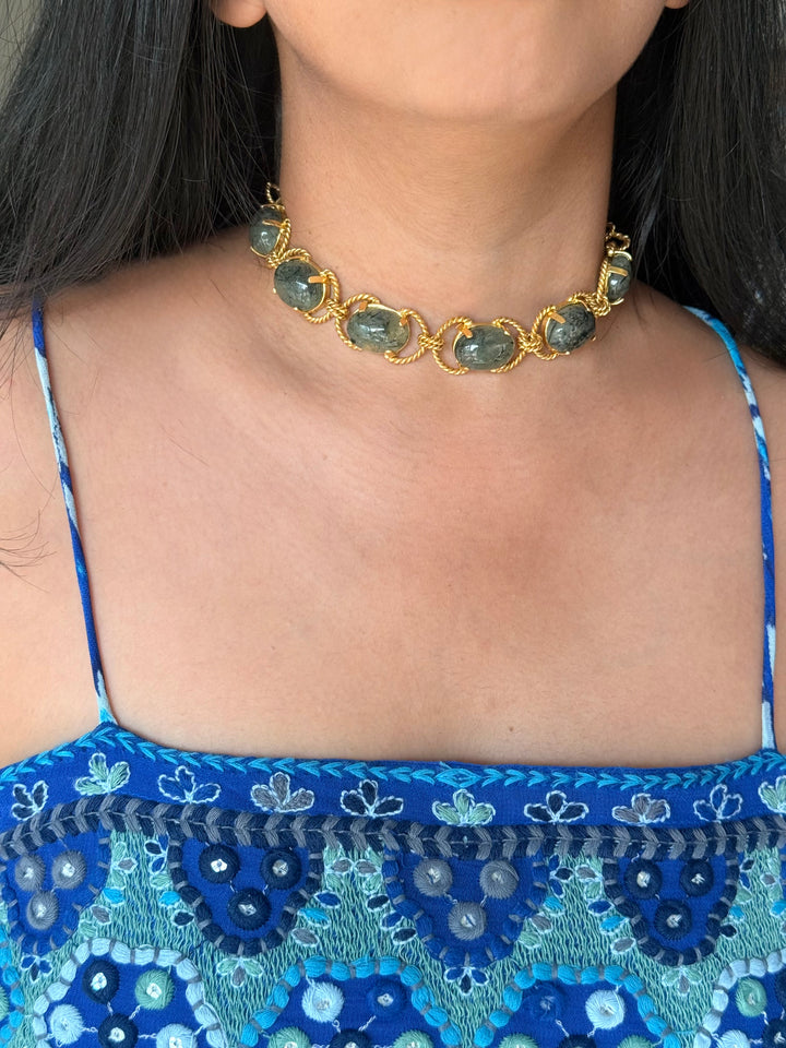 Prehnite Choker – Gold Brass, Adjustable Necklace