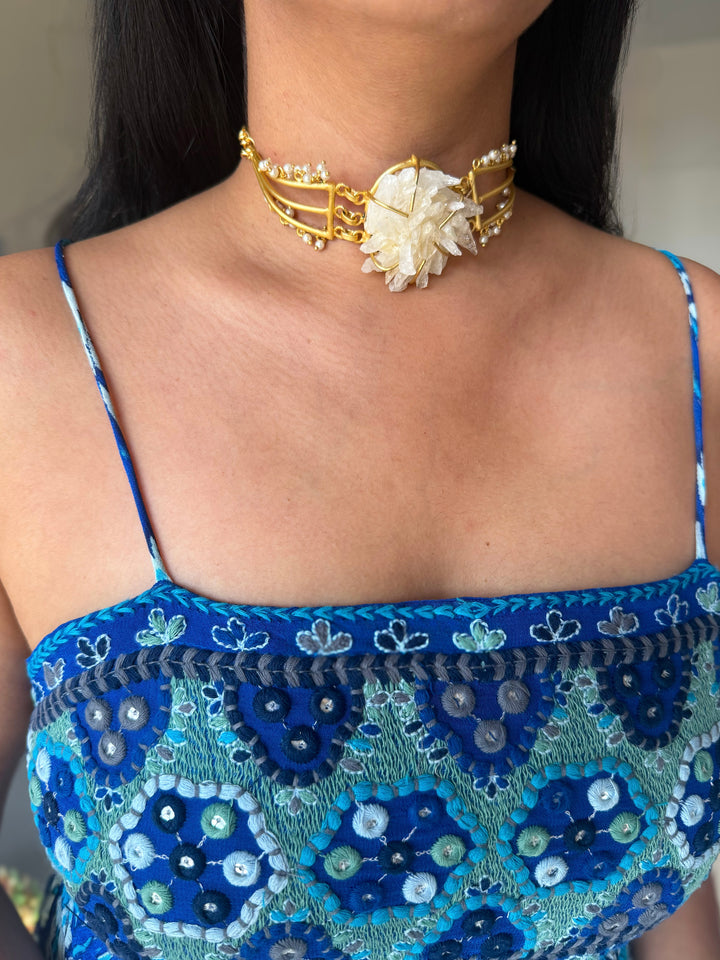 Handmade Bold Natural Quartz and Pearls Statement Choker | Brass Adjustable Lobster Claw Jewelry