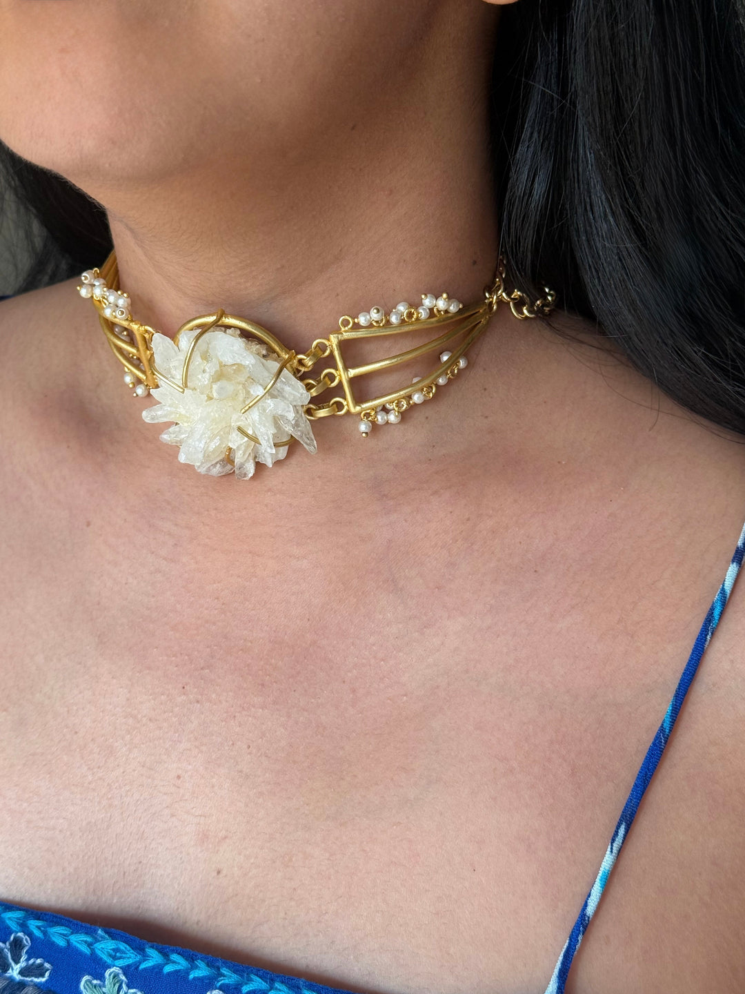 Handmade Bold Natural Quartz and Pearls Statement Choker | Brass Adjustable Lobster Claw Jewelry