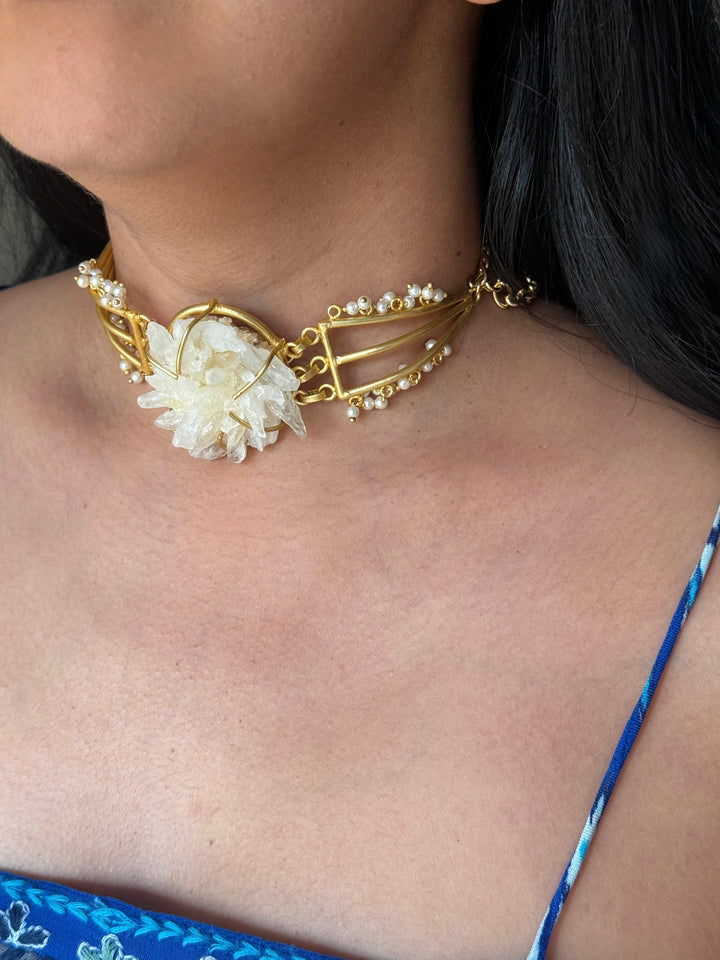 Handmade Bold Natural Quartz and Pearls Statement Choker | Brass Adjustable Lobster Claw Jewelry