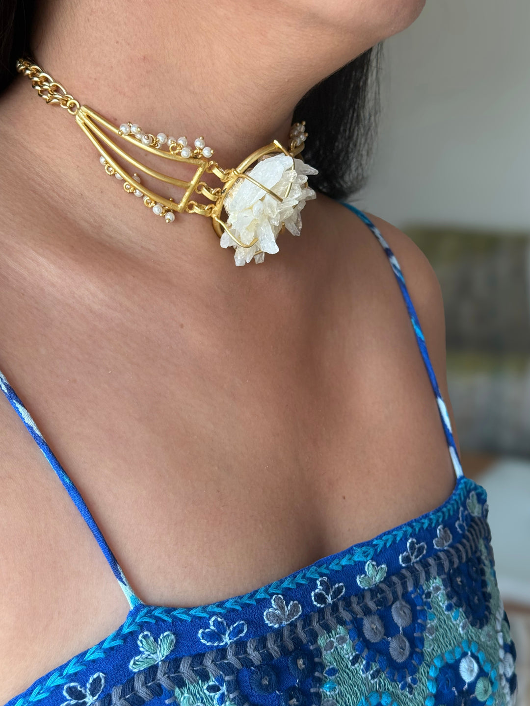 Handmade Bold Natural Quartz and Pearls Statement Choker | Brass Adjustable Lobster Claw Jewelry