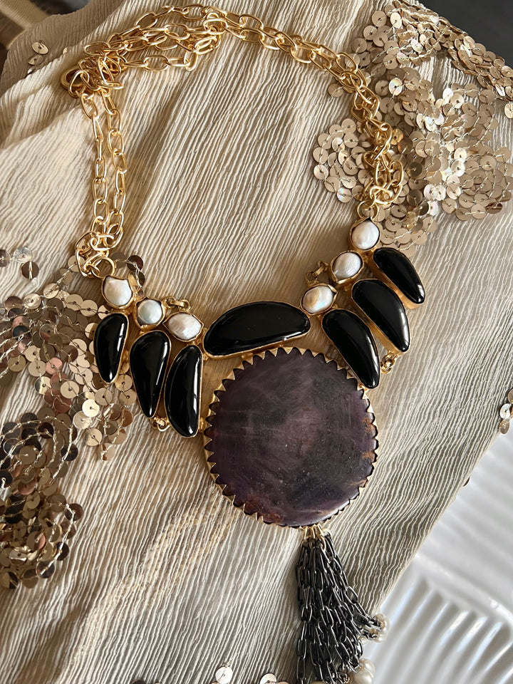 Statement Onyx and Baroque Pearls Necklace
