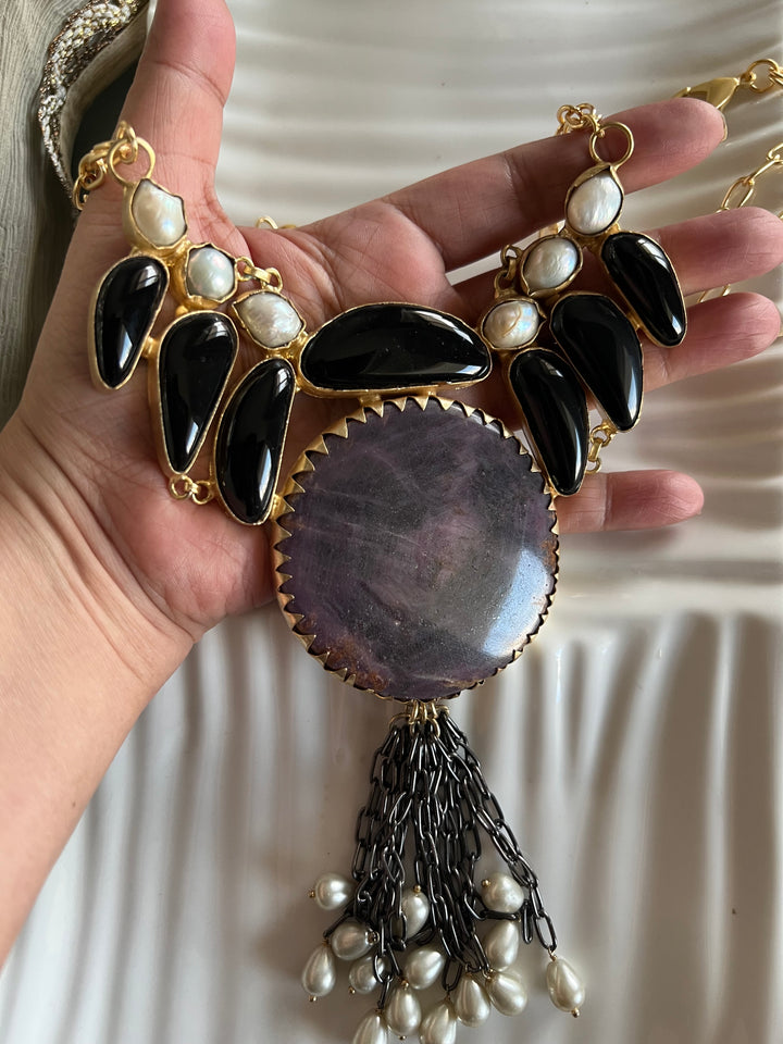Statement Onyx and Baroque Pearls Necklace