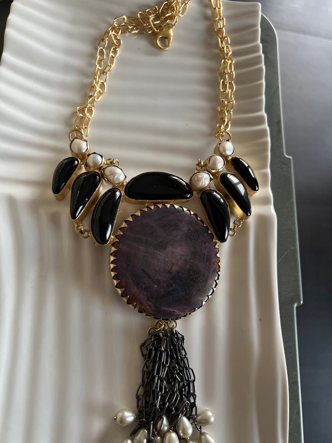 Statement Onyx and Baroque Pearls Necklace