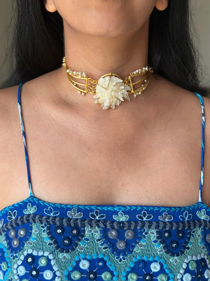 Handmade Bold Natural Quartz and Pearls Statement Choker | Brass Adjustable Lobster Claw Jewelry