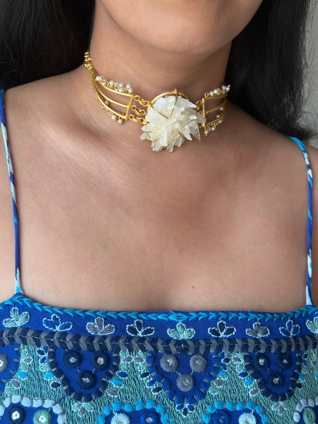 Handmade Bold Natural Quartz and Pearls Statement Choker | Brass Adjustable Lobster Claw Jewelry