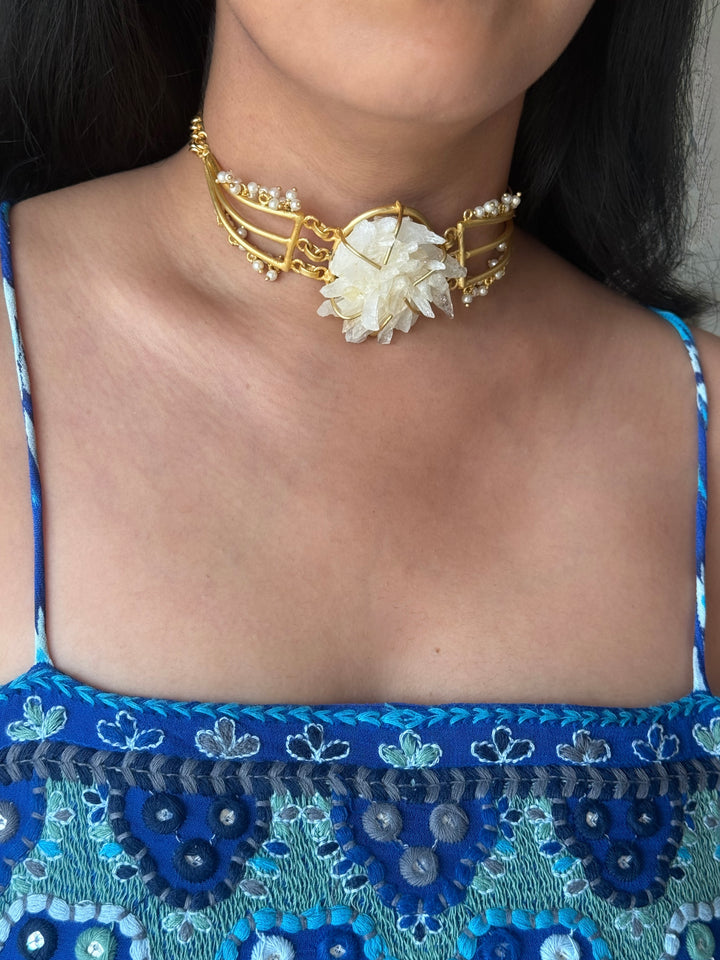 Handmade Bold Natural Quartz and Pearls Statement Choker | Brass Adjustable Lobster Claw Jewelry