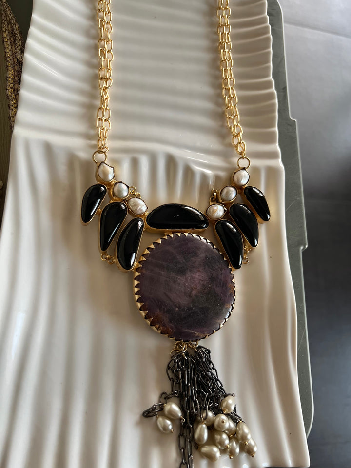 Statement Onyx and Baroque Pearls Necklace