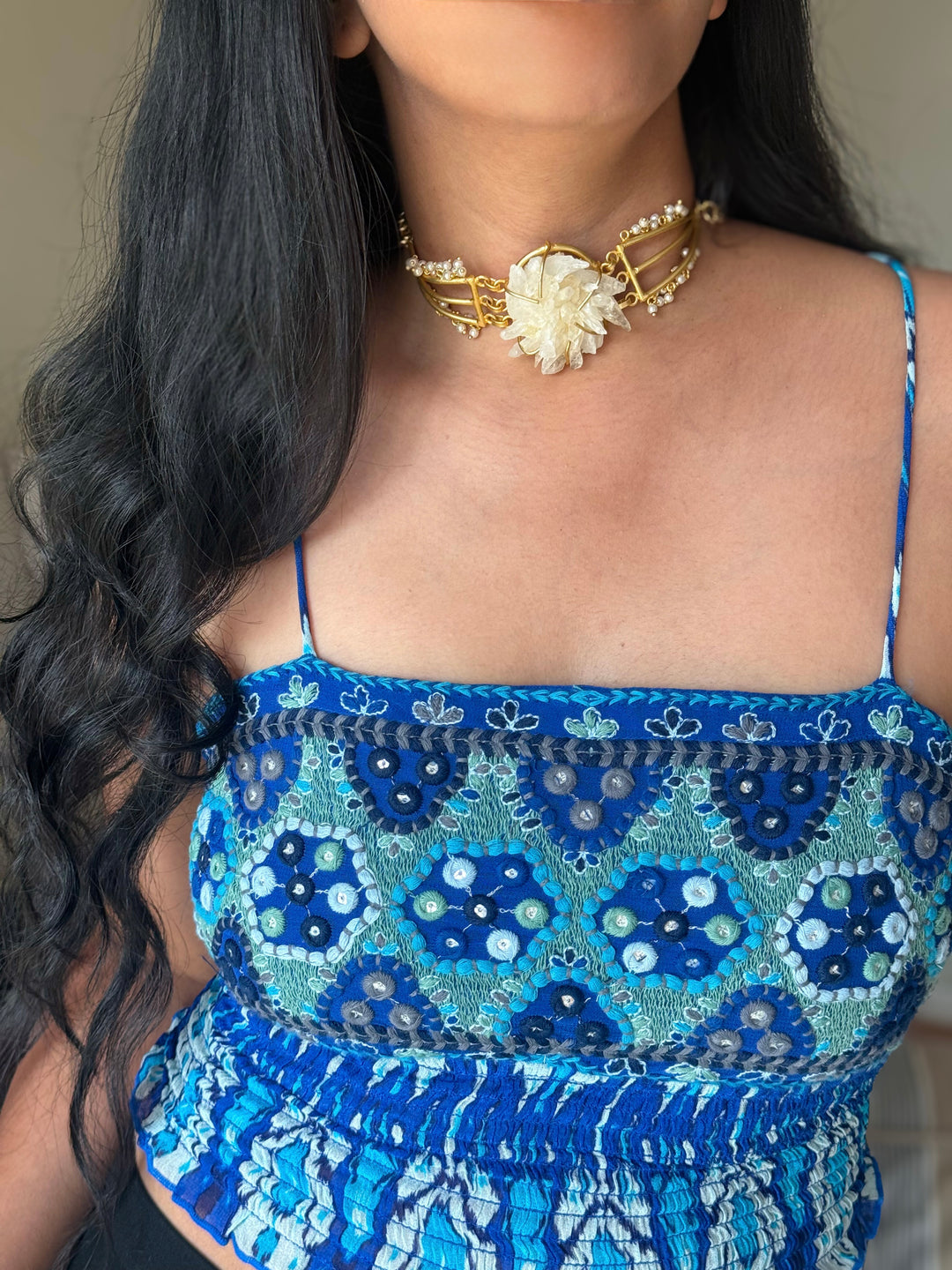 Handmade Bold Natural Quartz and Pearls Statement Choker | Brass Adjustable Lobster Claw Jewelry
