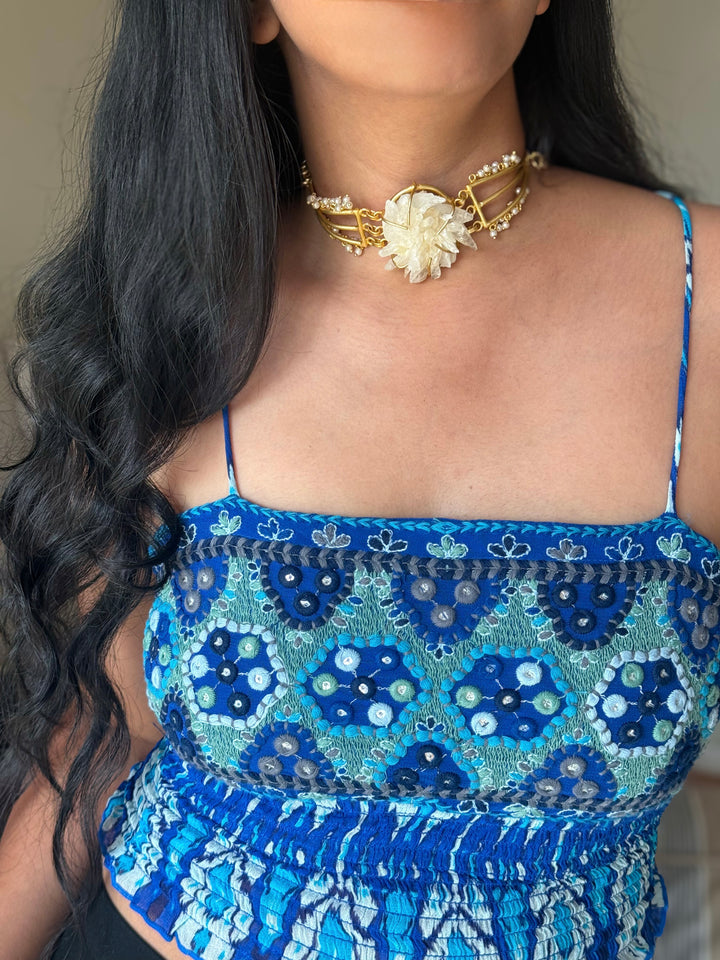 Handmade Bold Natural Quartz and Pearls Statement Choker | Brass Adjustable Lobster Claw Jewelry