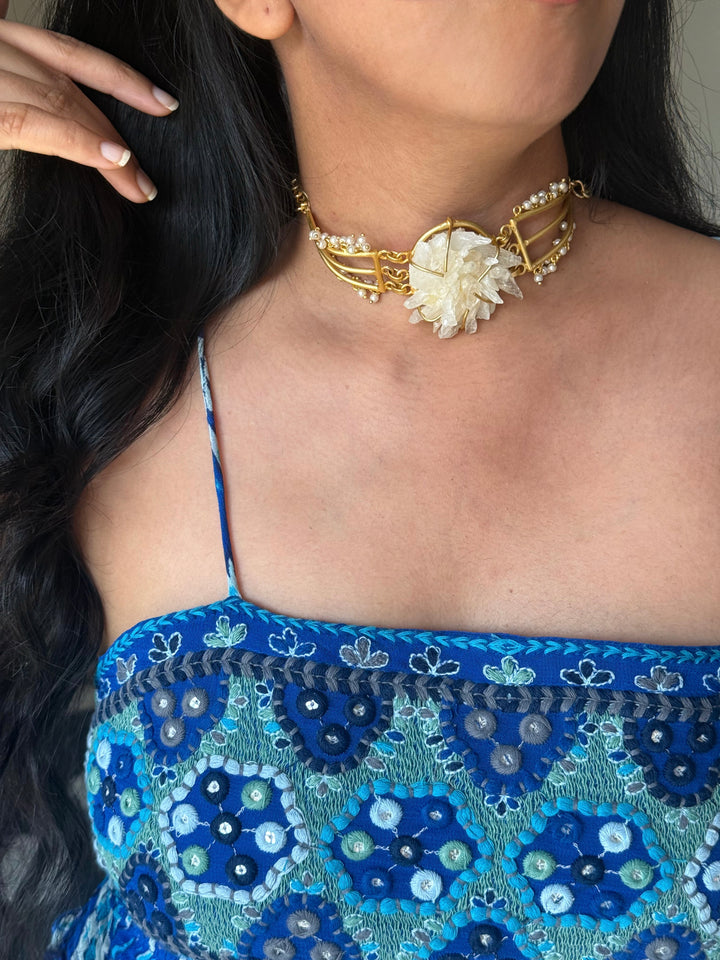 Handmade Bold Natural Quartz and Pearls Statement Choker | Brass Adjustable Lobster Claw Jewelry