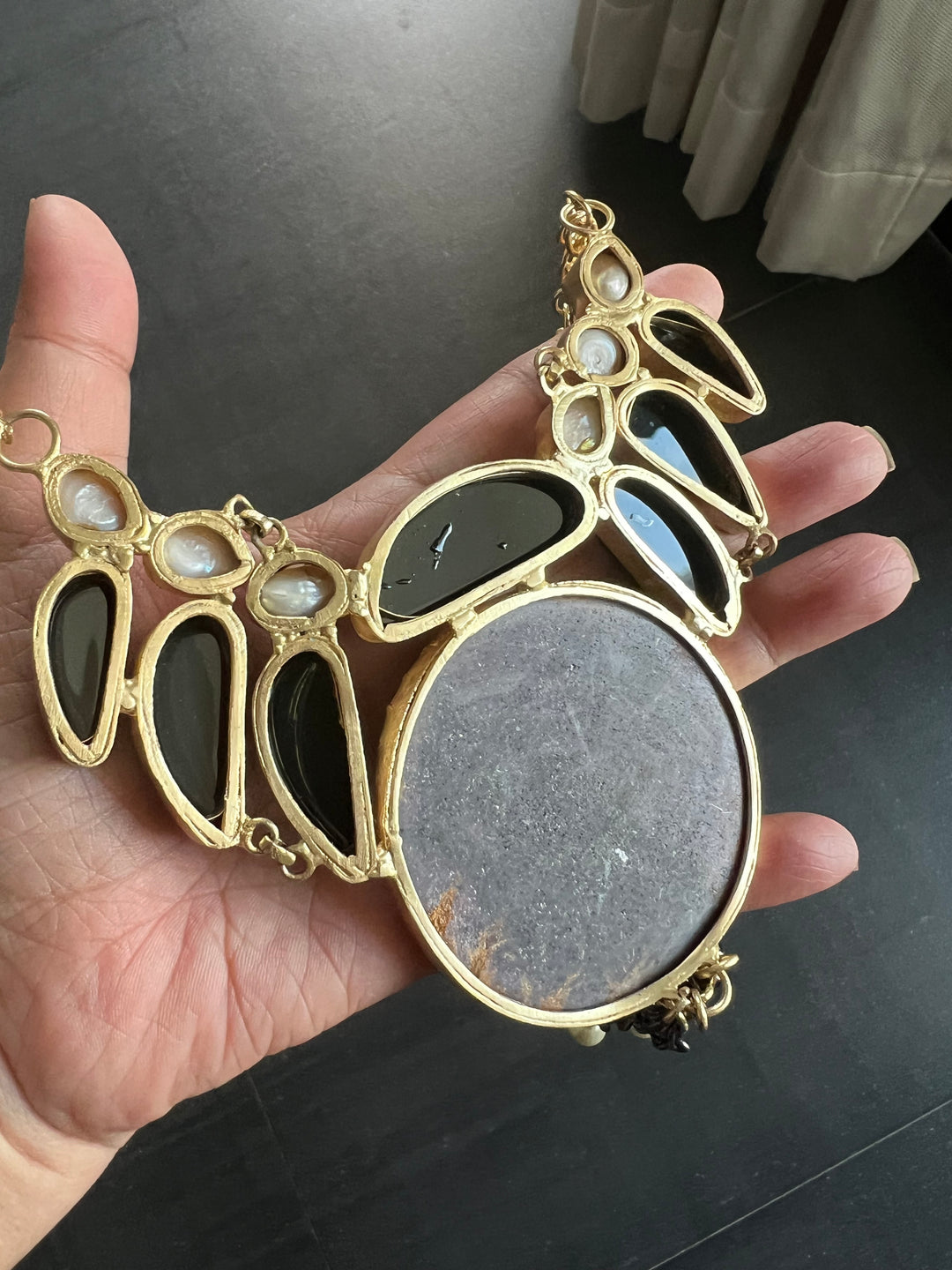 Statement Onyx and Baroque Pearls Necklace