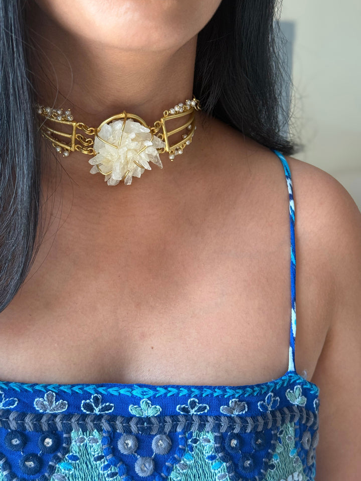 Handmade Bold Natural Quartz and Pearls Statement Choker | Brass Adjustable Lobster Claw Jewelry