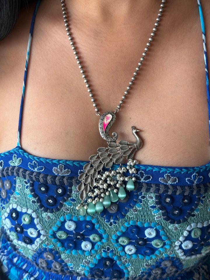 Antique Peacock Handpainted Necklace Set | SHIVKA