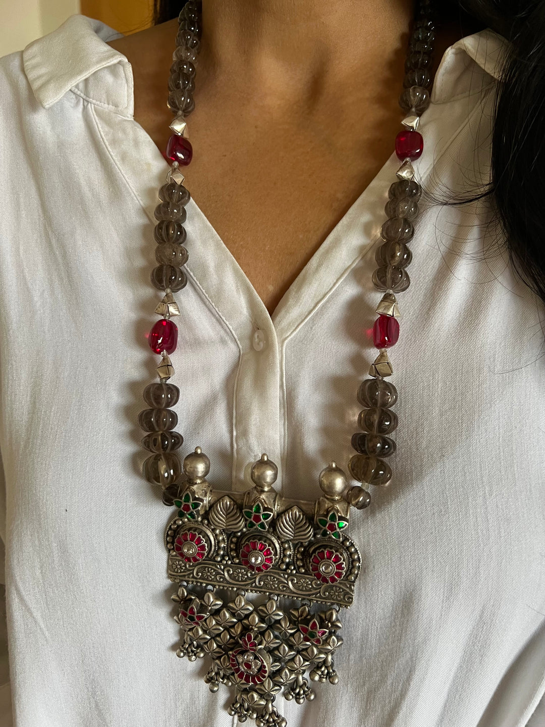 Natural Smoky Quartz Melons Pure 925 Silver Pendant Necklace