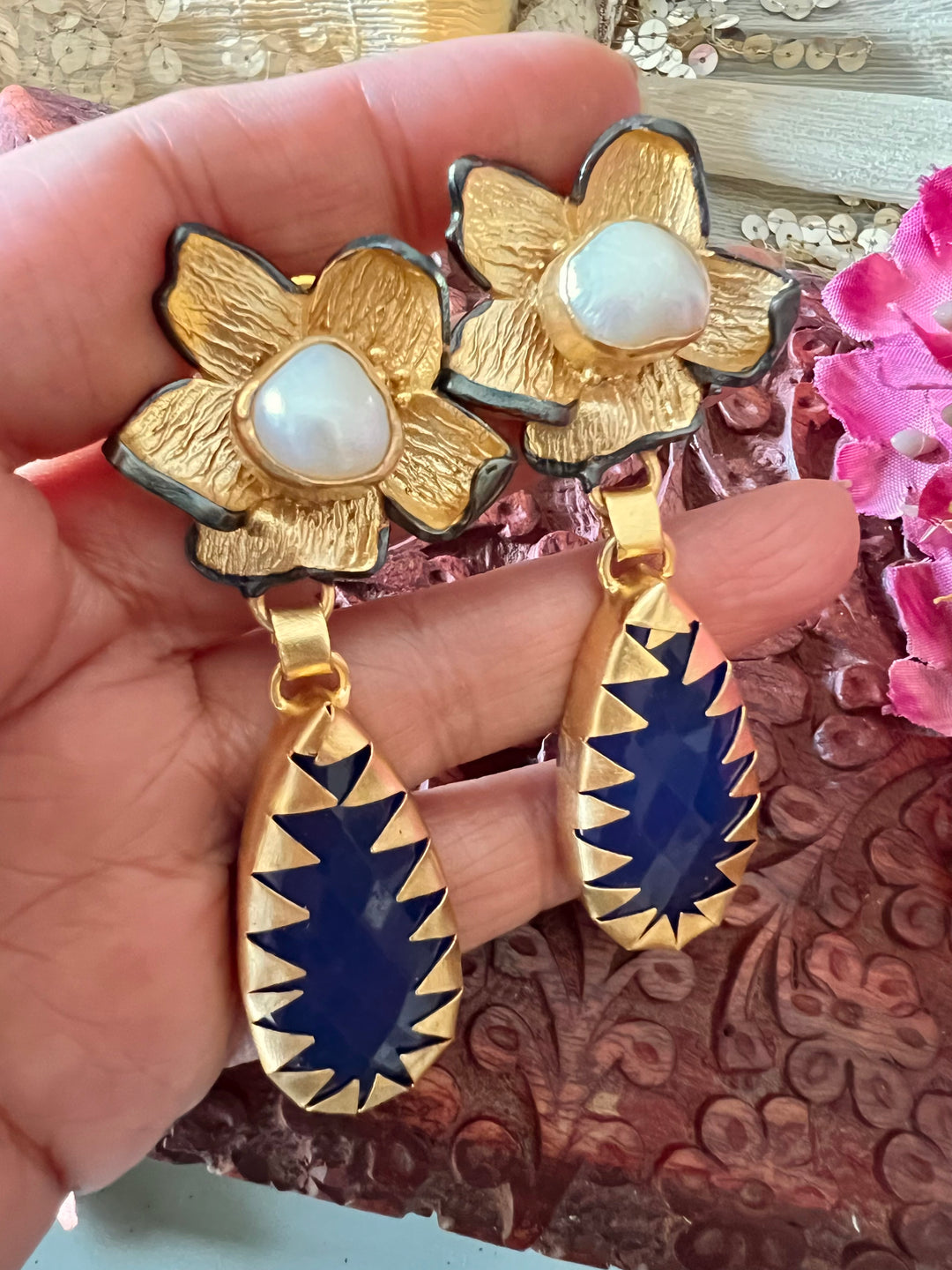 Statement Flower Pearl Danglers