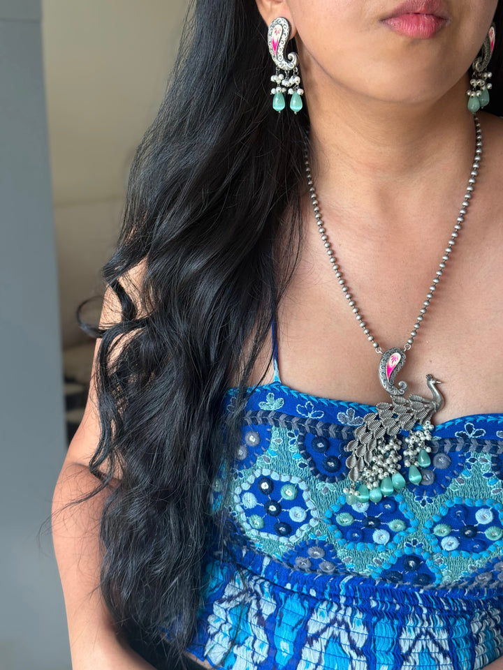 Antique Peacock Handpainted Necklace Set | SHIVKA