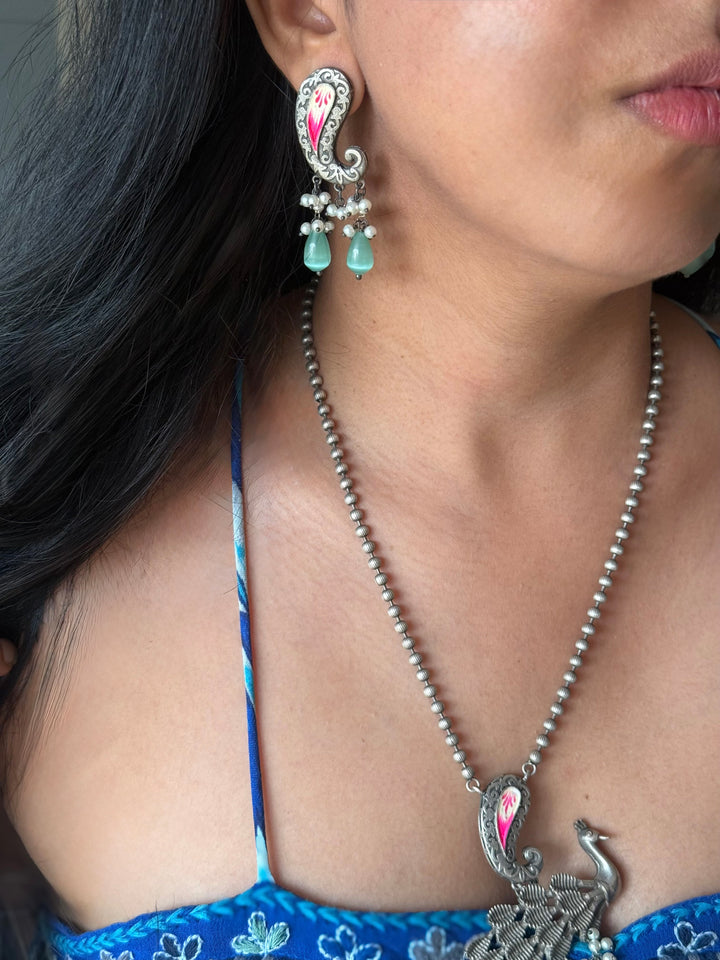 Antique Peacock Handpainted Necklace Set | SHIVKA