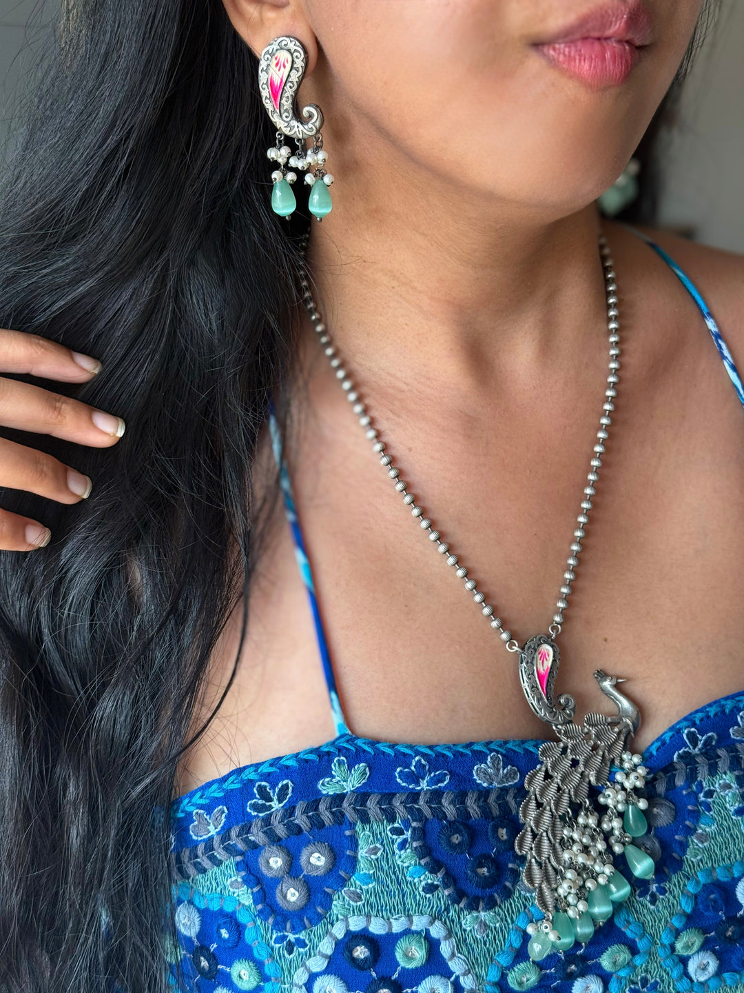 Antique Peacock Handpainted Necklace Set | SHIVKA