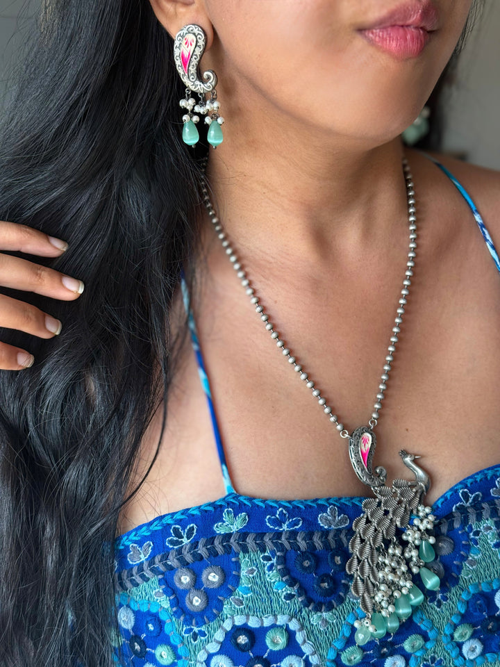 Antique Peacock Handpainted Necklace Set | SHIVKA