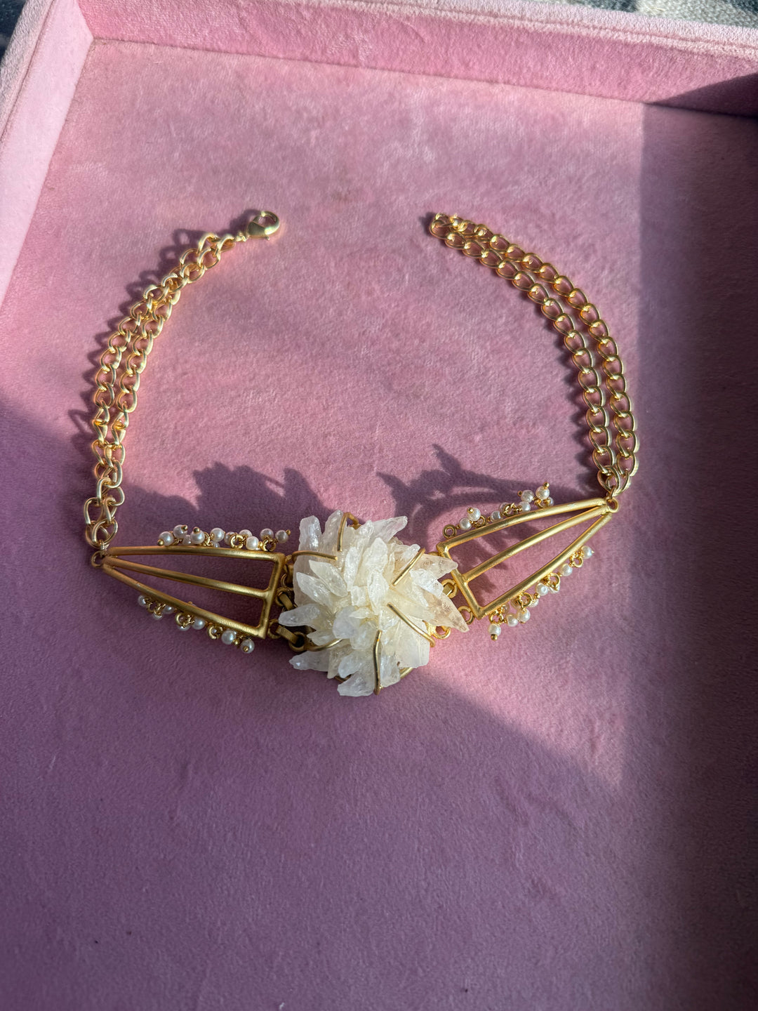 Handmade Bold Natural Quartz and Pearls Statement Choker | Brass Adjustable Lobster Claw Jewelry