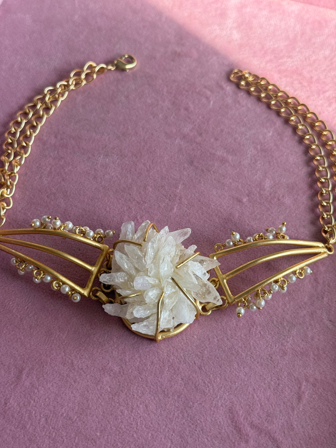 Handmade Bold Natural Quartz and Pearls Statement Choker | Brass Adjustable Lobster Claw Jewelry