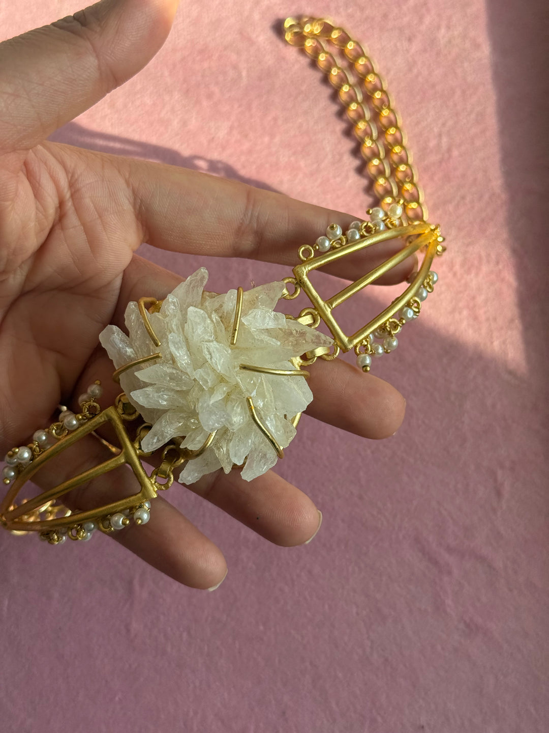 Handmade Bold Natural Quartz and Pearls Statement Choker | Brass Adjustable Lobster Claw Jewelry