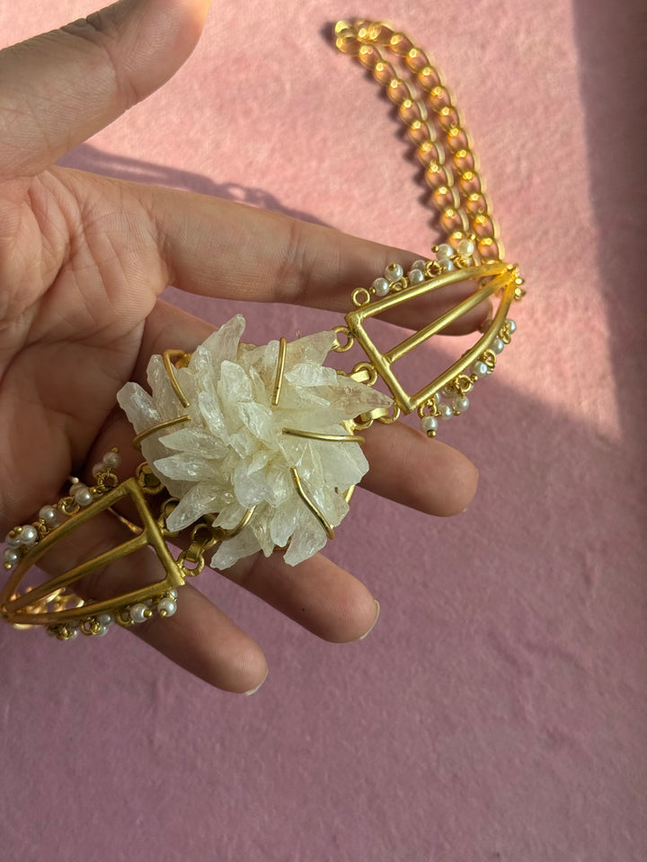 Handmade Bold Natural Quartz and Pearls Statement Choker | Brass Adjustable Lobster Claw Jewelry