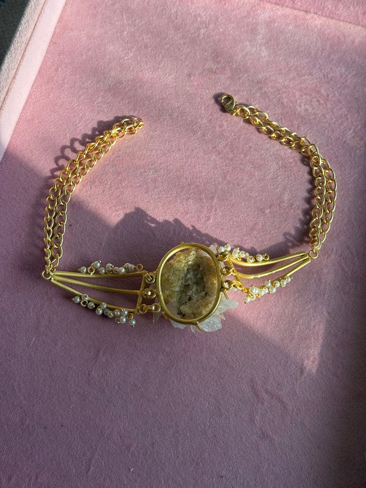 Handmade Bold Natural Quartz and Pearls Statement Choker | Brass Adjustable Lobster Claw Jewelry