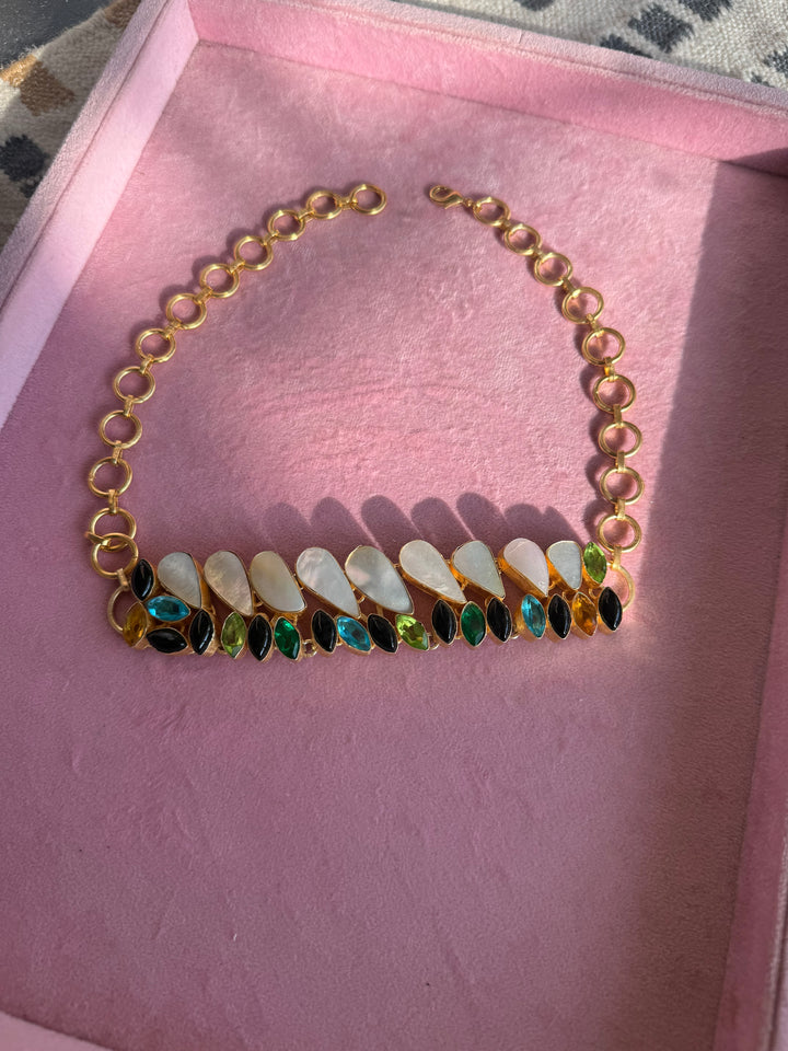 MOP and Quartz Choker – Gold Brass, Adjustable Necklace