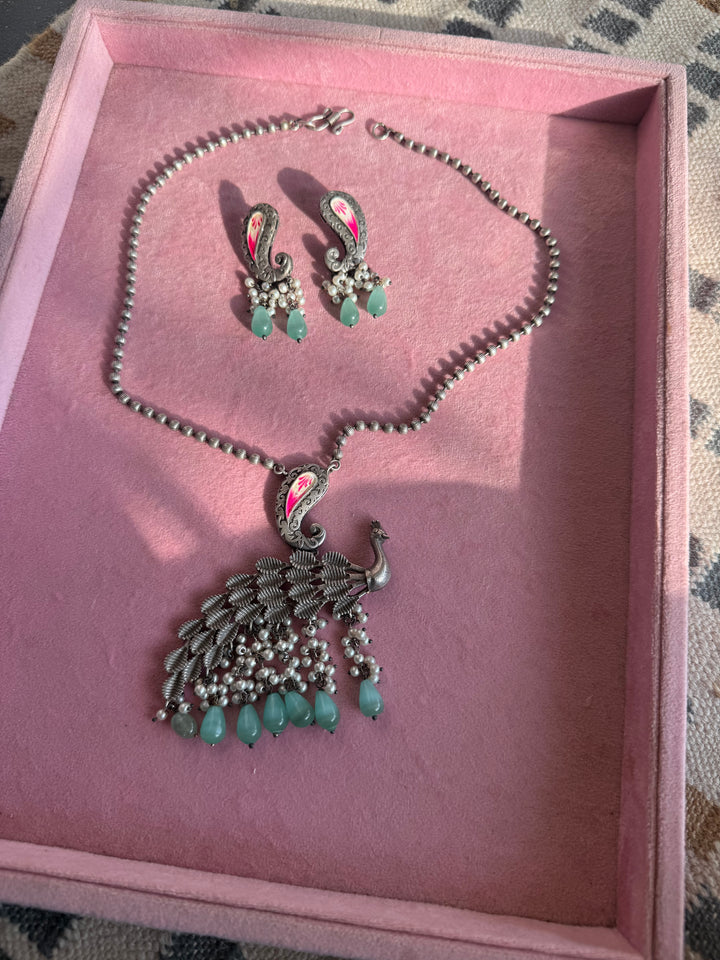 Antique Peacock Handpainted Necklace Set | SHIVKA