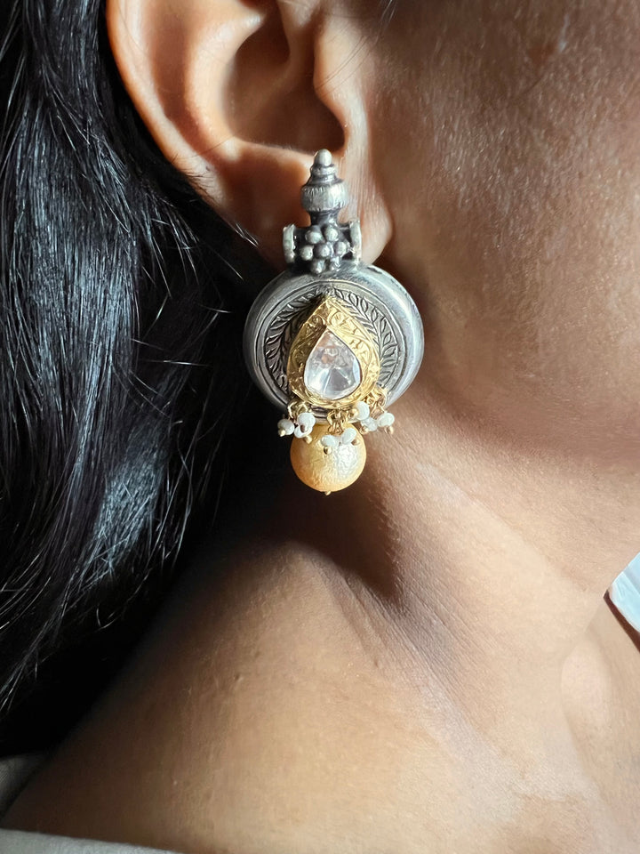 Statement 925 Silver Earrings with Natural Pearls & Kundan Work - Handmade, One of a Kind