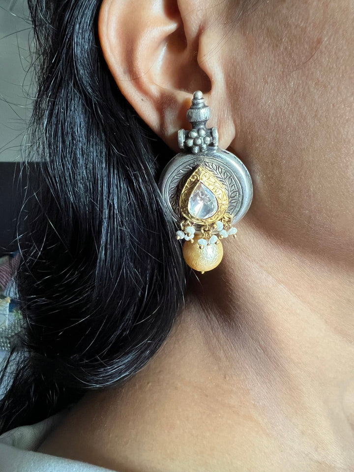 Statement 925 Silver Earrings with Natural Pearls & Kundan Work - Handmade, One of a Kind