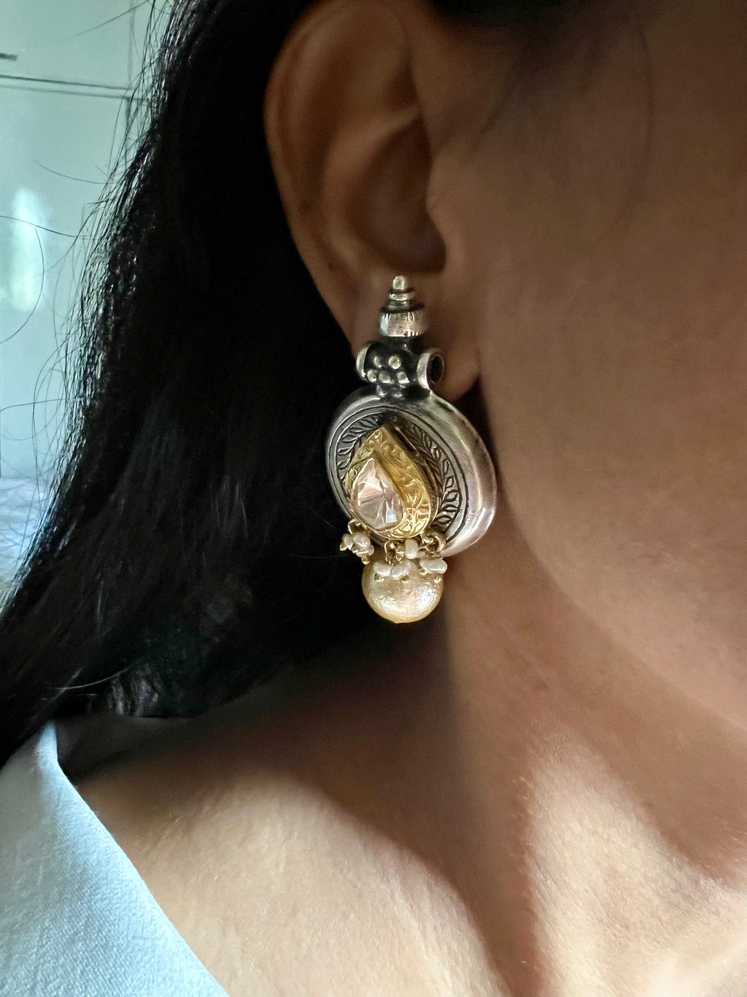 Statement 925 Silver Earrings with Natural Pearls & Kundan Work - Handmade, One of a Kind