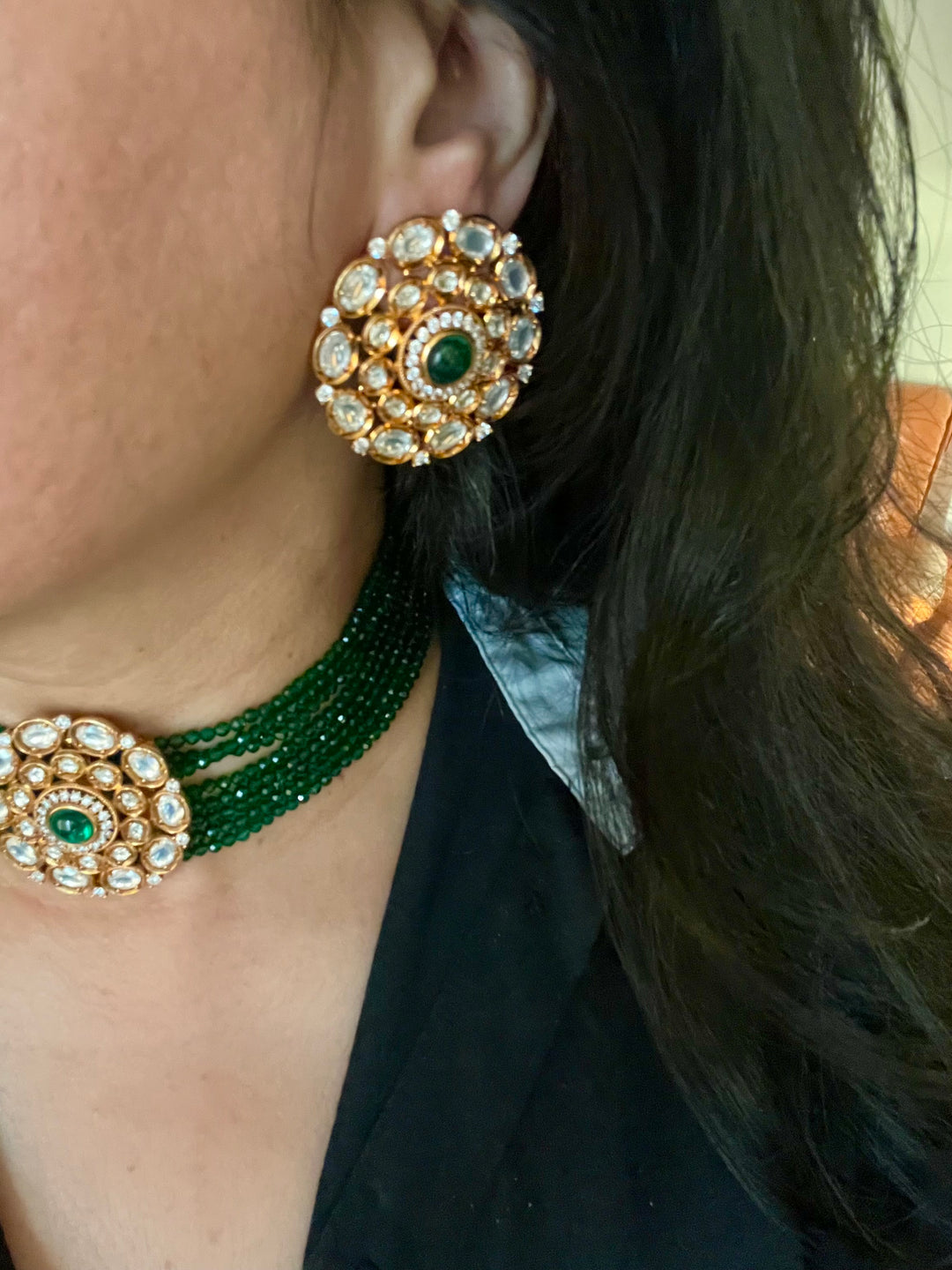 Dark Green Kundan Choker with Oversized Studs and Maangtikka