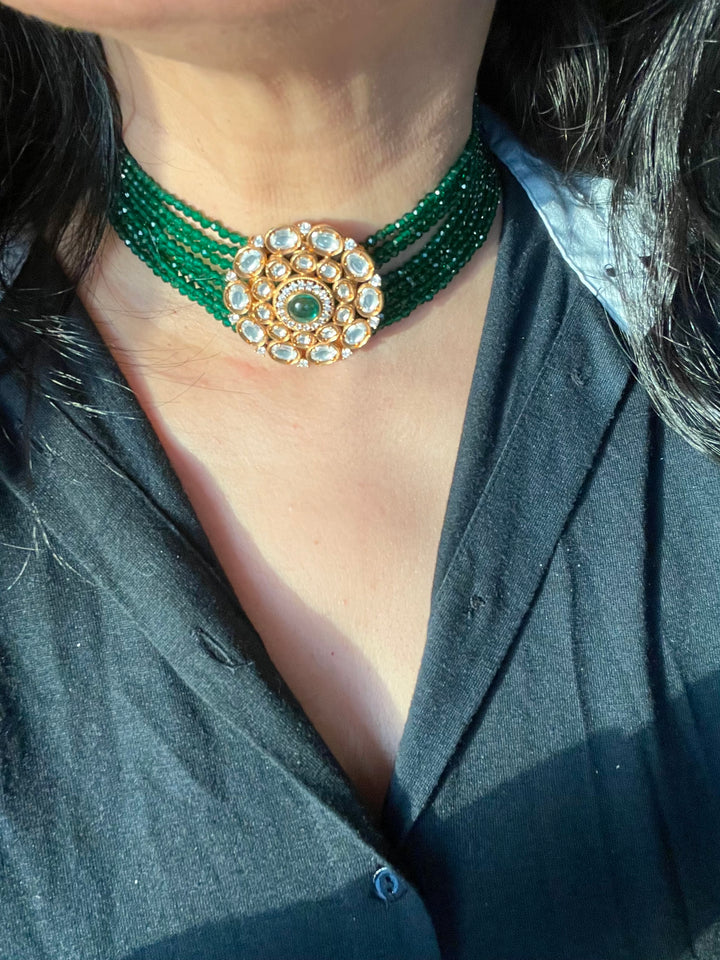 Dark Green Kundan Choker with Oversized Studs and Maangtikka