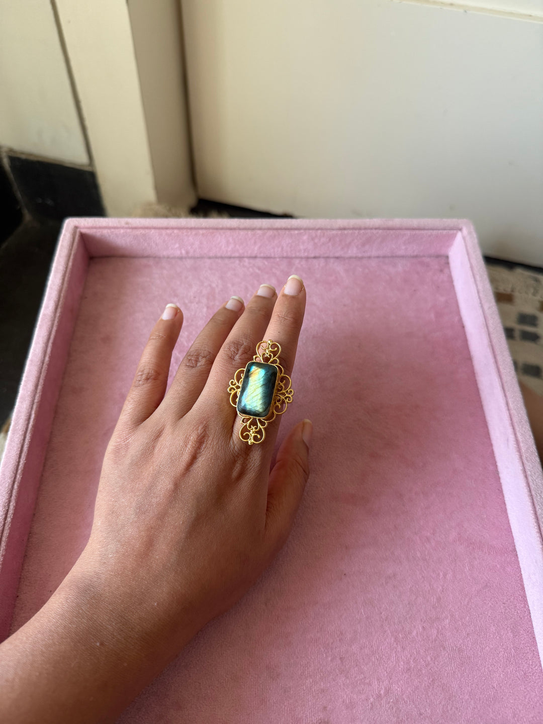 Natural Labradorite Brass Ring