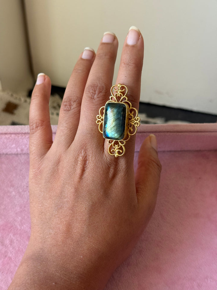 Natural Labradorite Brass Ring