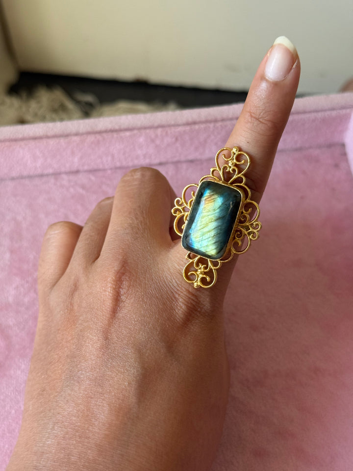 Natural Labradorite Brass Ring