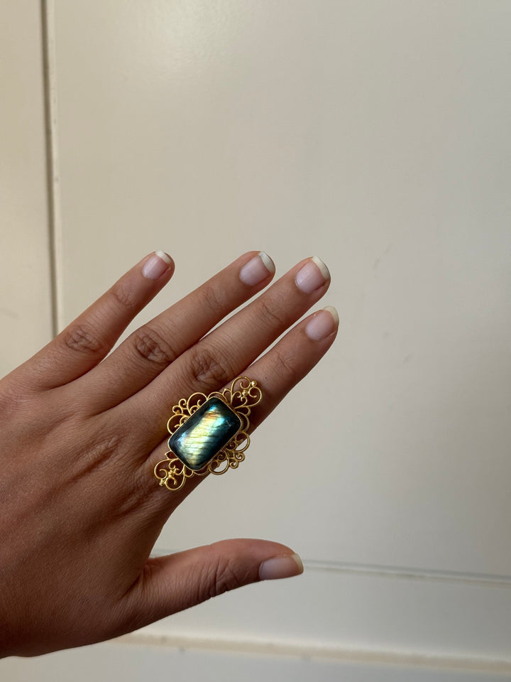 Natural Labradorite Brass Ring
