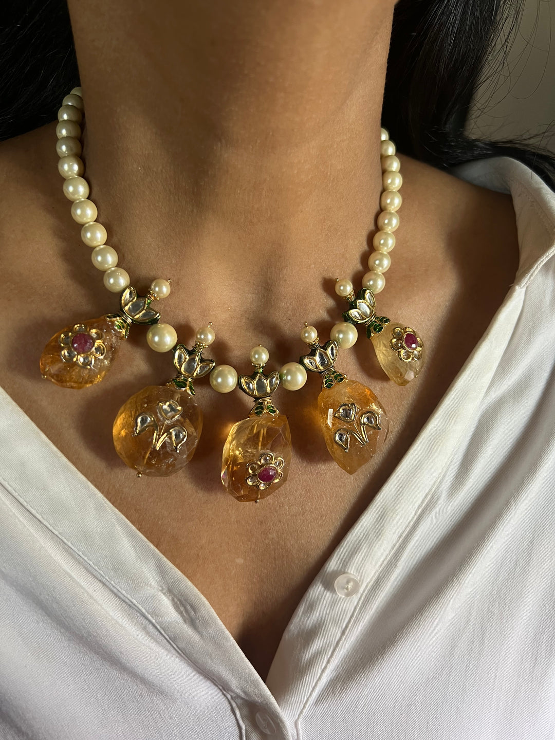 Natural Citrine Kundan Pearl Necklace