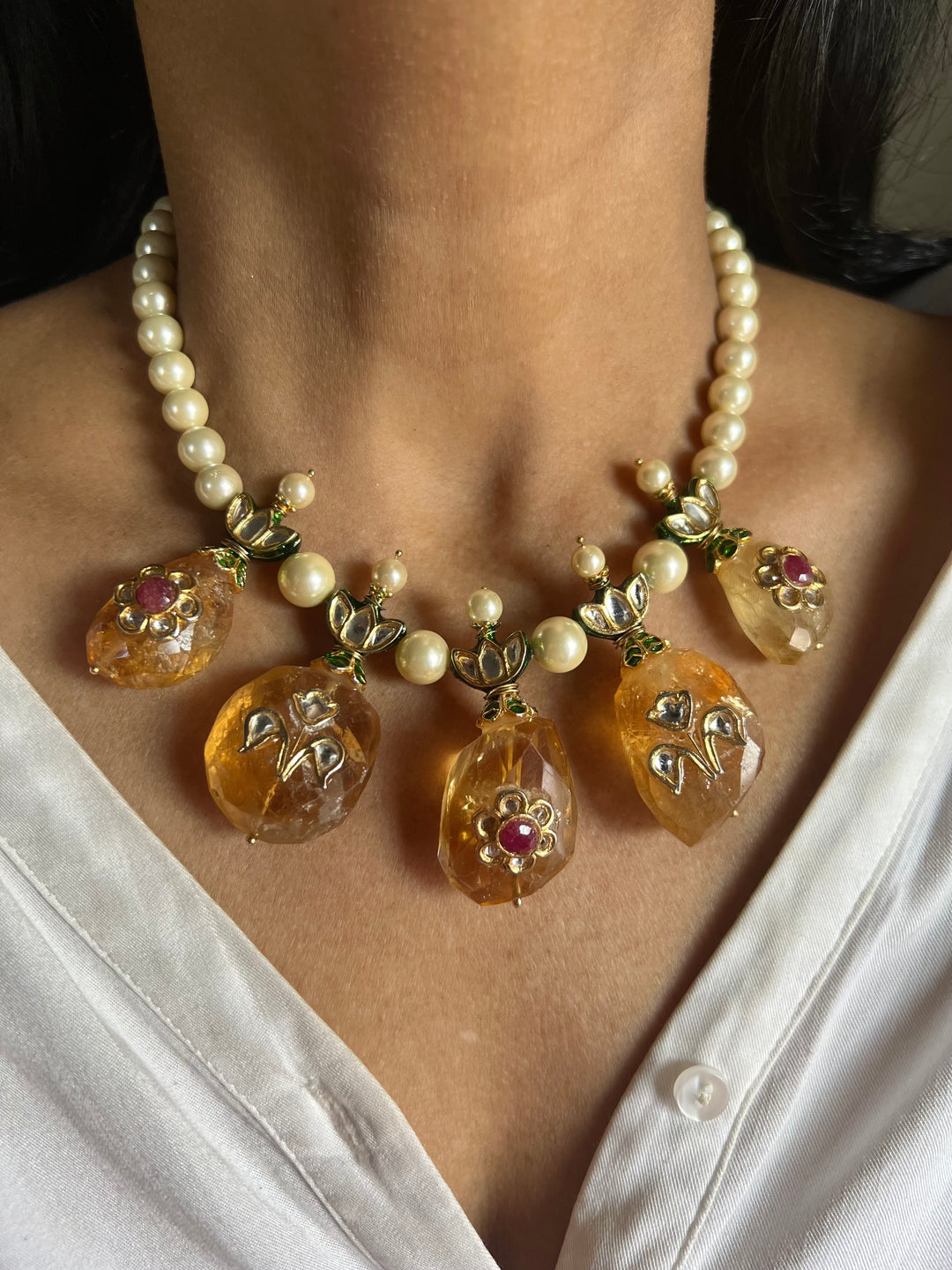 Natural Citrine Kundan Pearl Necklace