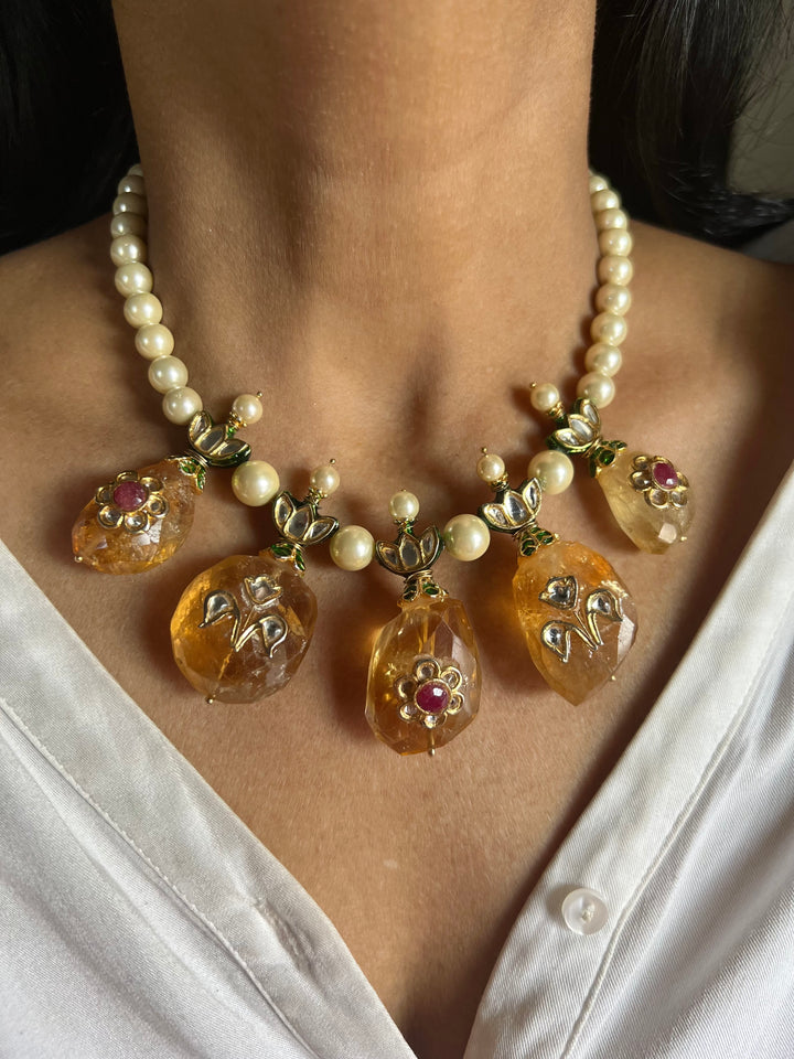 Natural Citrine Kundan Pearl Necklace