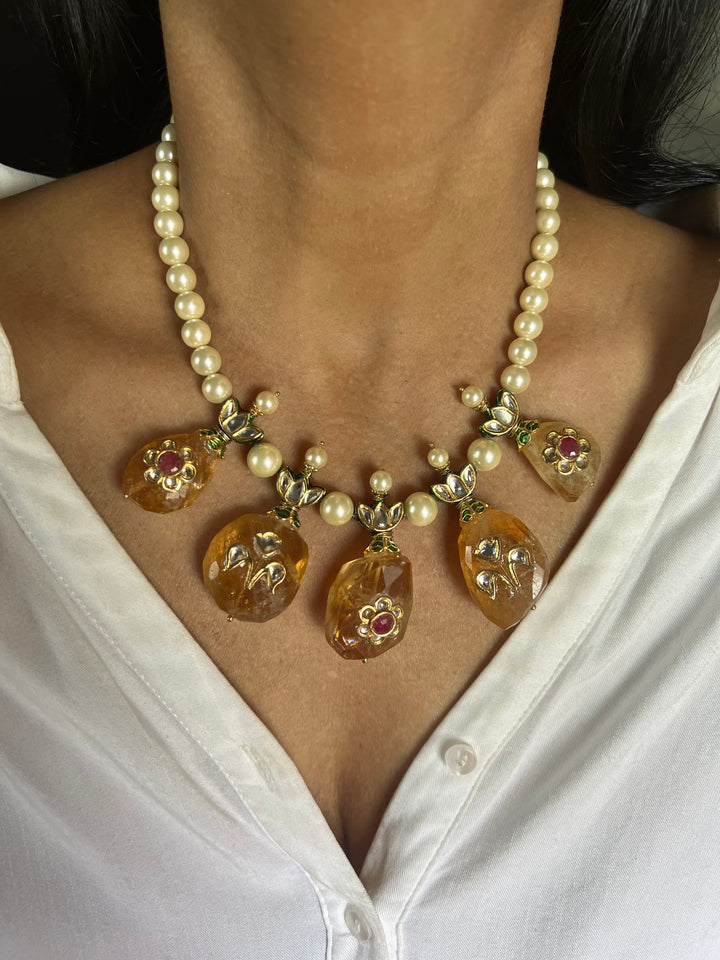 Natural Citrine Kundan Pearl Necklace