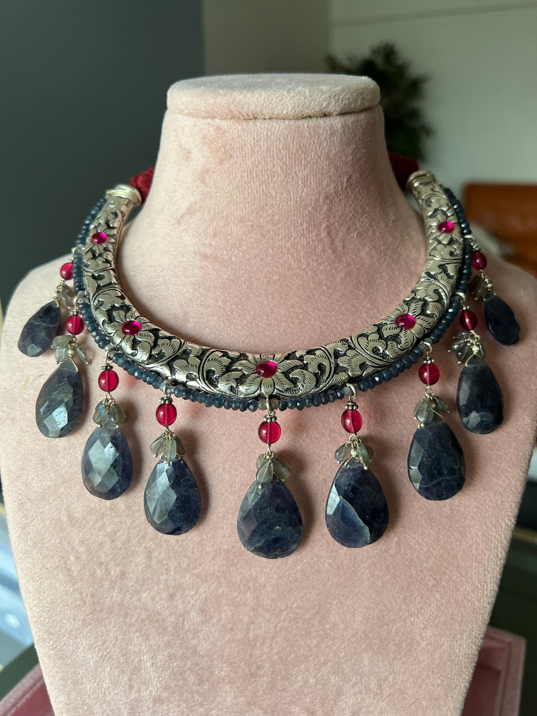 Radiant Elegance: Handmade 925 Silver Hasli Necklace with Iolite and  Labradorite
