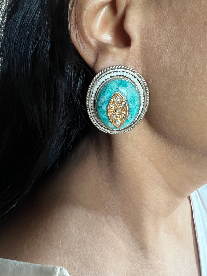 Statement 925 Silver Earrings with Natural Stones Pearls & Kundan Work - Handmade, One of a Kind