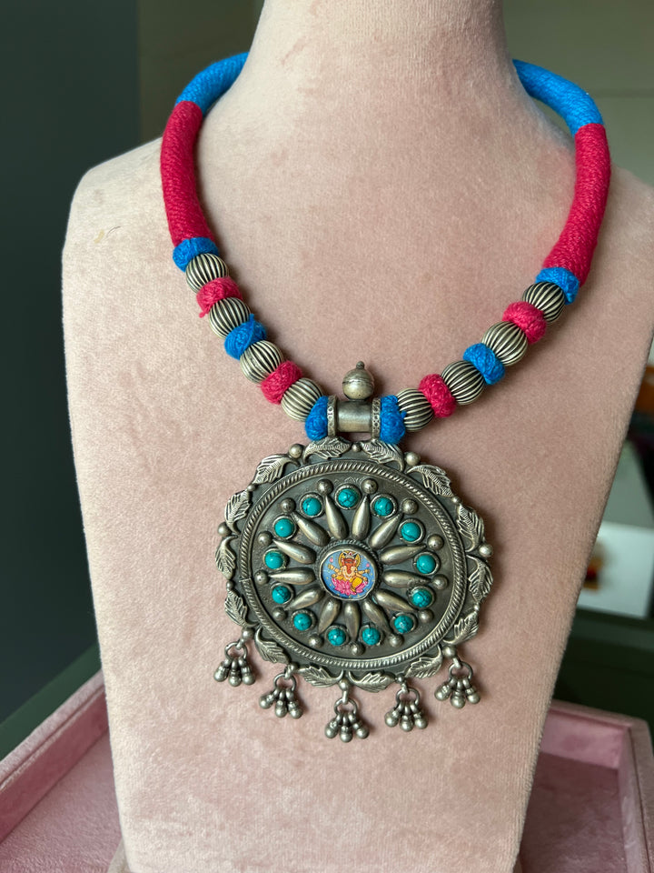 Divine Elegance: Handmade Silver Thread Pendant Necklace with Ganesha Figurine