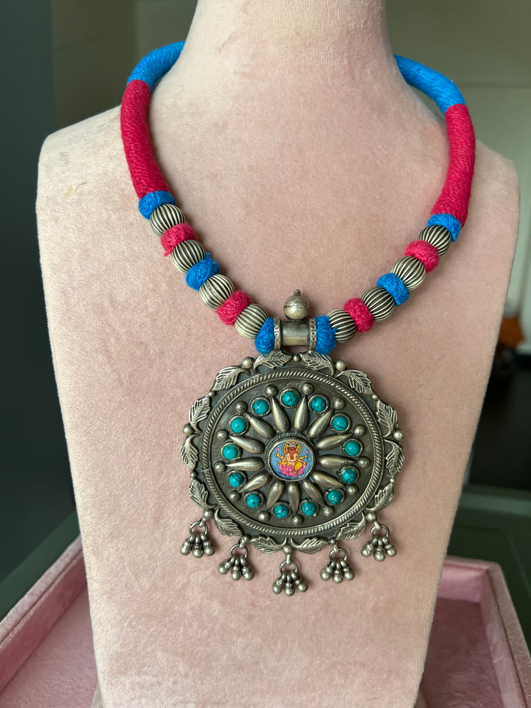 Divine Elegance: Handmade Silver Thread Pendant Necklace with Ganesha Figurine