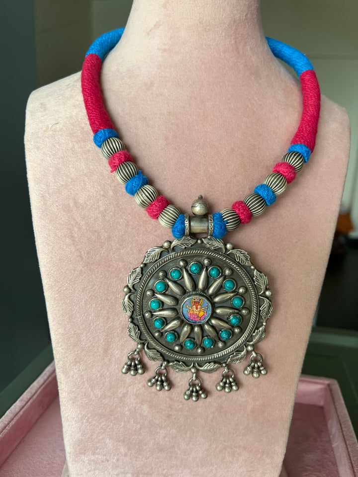 Divine Elegance: Handmade Silver Thread Pendant Necklace with Ganesha Figurine